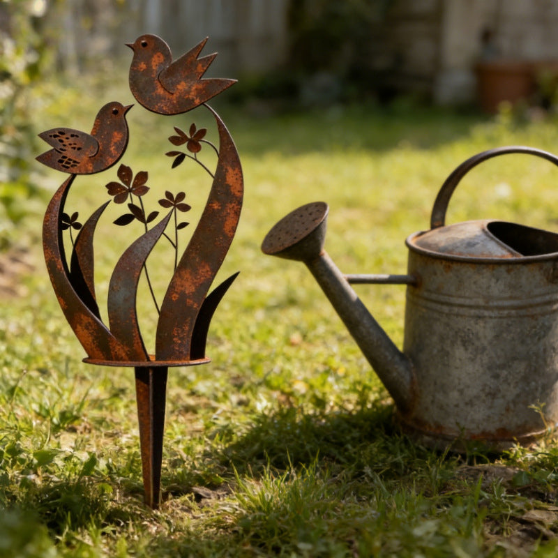 š„Rustic Bird & Flower Metal Garden Stake
