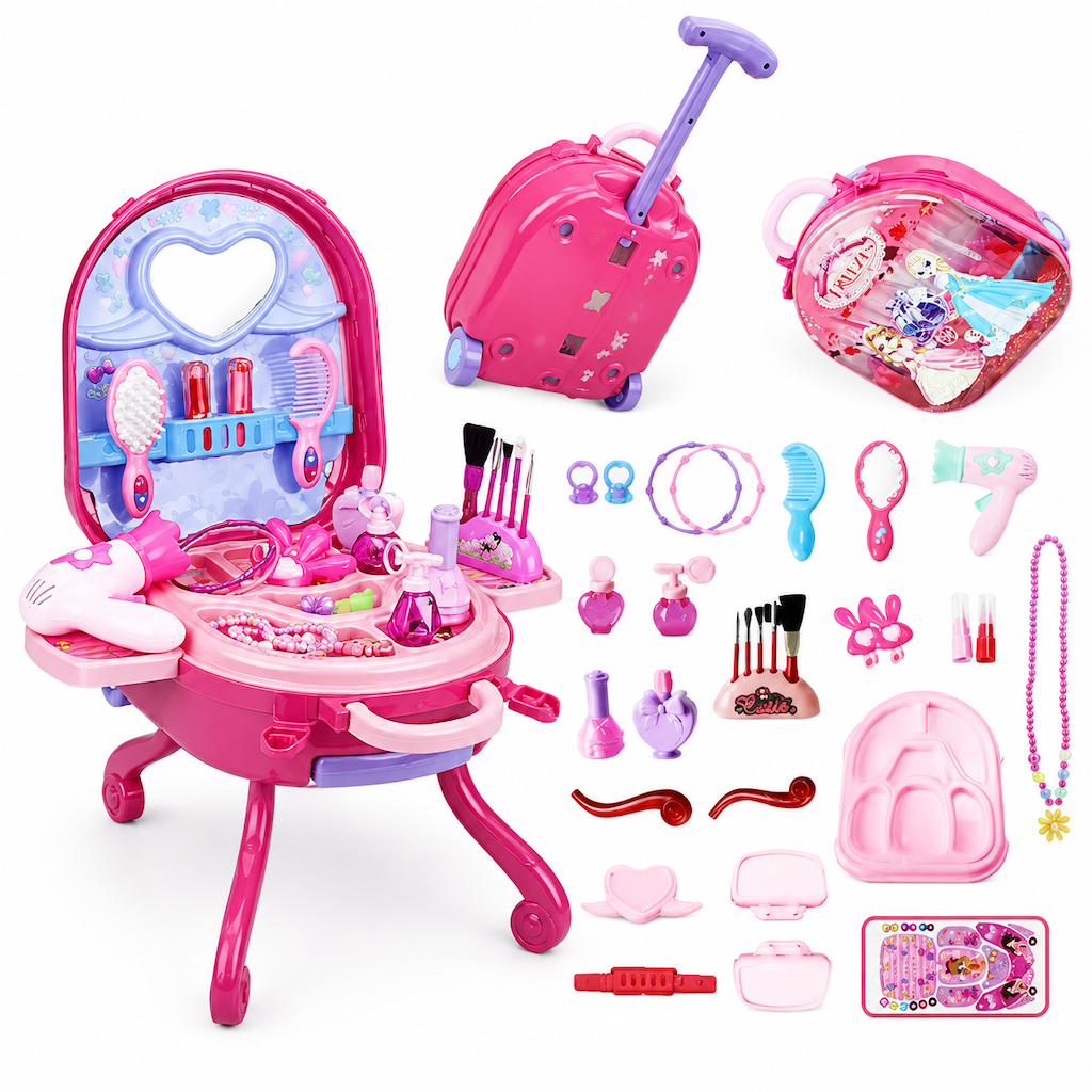 ๐ โจ 3-in-1 Princess Vanity Suitcase โ 30 Makeup Toys & Rolling Trolley ๐งณ
