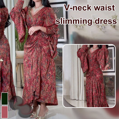 🔥🌷V-neck Dress With Biscuit Sleeves And Print💃