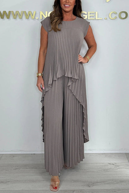 🔥Laney Pleated Short Sleeve Irregular Midi Top and Elastic Waist Wide Leg Pants Set