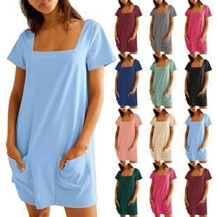 💕Summer Promotion 50% OFF👗Women's Casual Square Neck Pocket Short Sleeve Dress with Pockets
