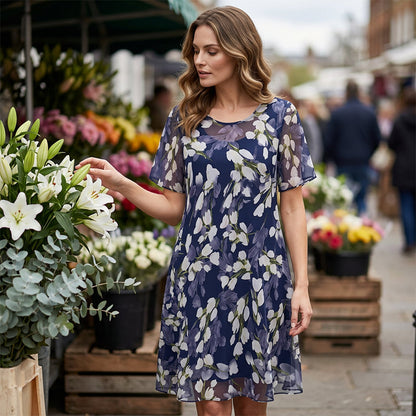 🌸Women's Floral A-Line Party Dress – Double-Layer Chiffon, Elegant Print & Knee-Length Fit 👗