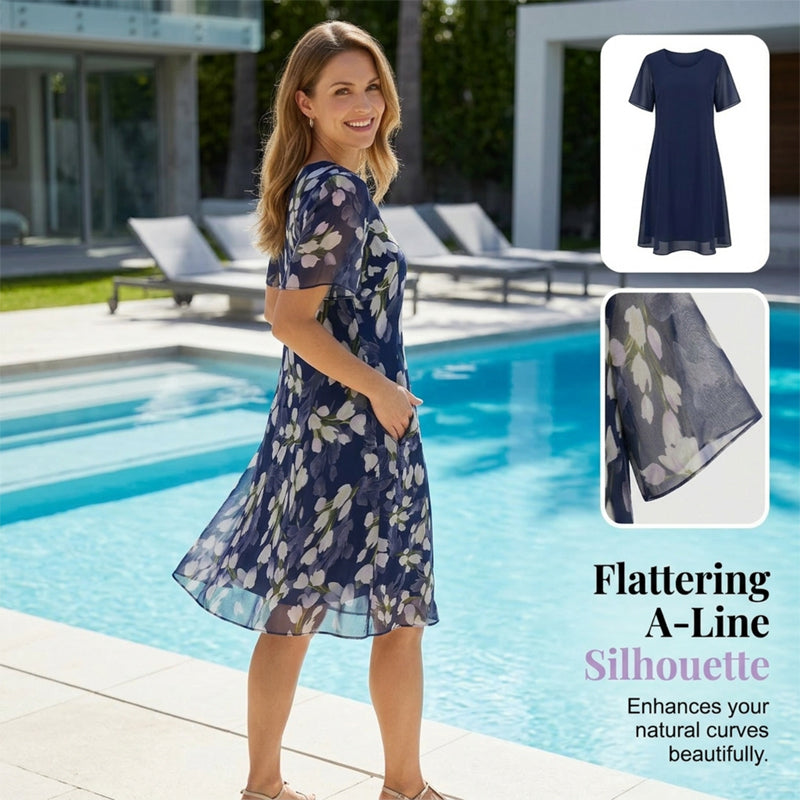 🌸Women's Floral A-Line Party Dress – Double-Layer Chiffon, Elegant Print & Knee-Length Fit 👗