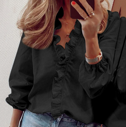 👚 Women's Ruffled Lantern Sleeve Shirt – Sweet, Loose Fit & Versatile (S–XL) 🍃