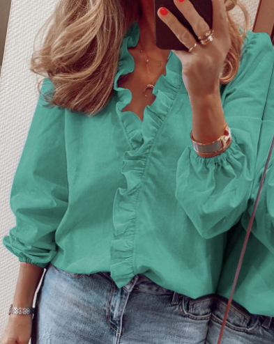 👚 Women's Ruffled Lantern Sleeve Shirt – Sweet, Loose Fit & Versatile (S–XL) 🍃