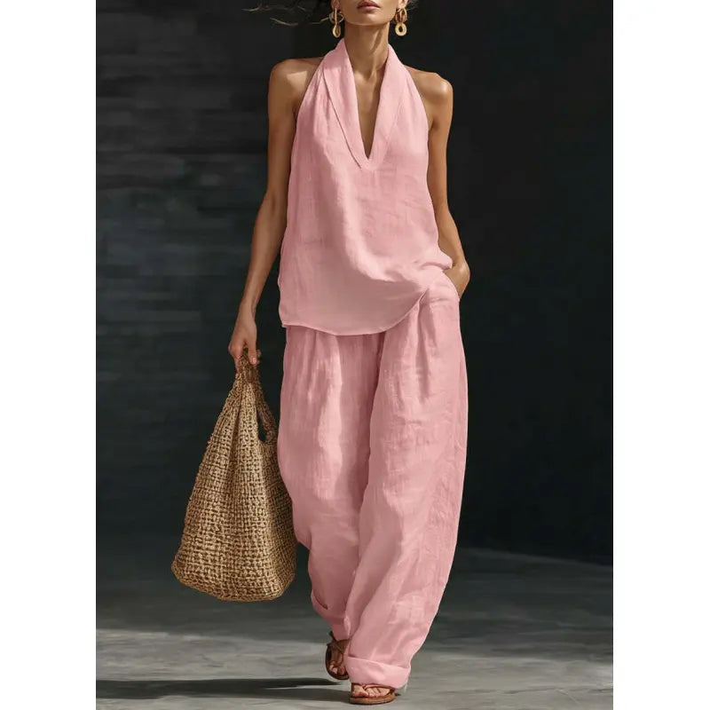 Boho Linen Two Piece Set - Perfect for Beach, Vacation & Brunch! Halter Neck Sleeveless Top Wide Leg Pants Set