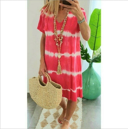 👗Tie-dye Striped Short-sleeved Loose T-shirt Dress