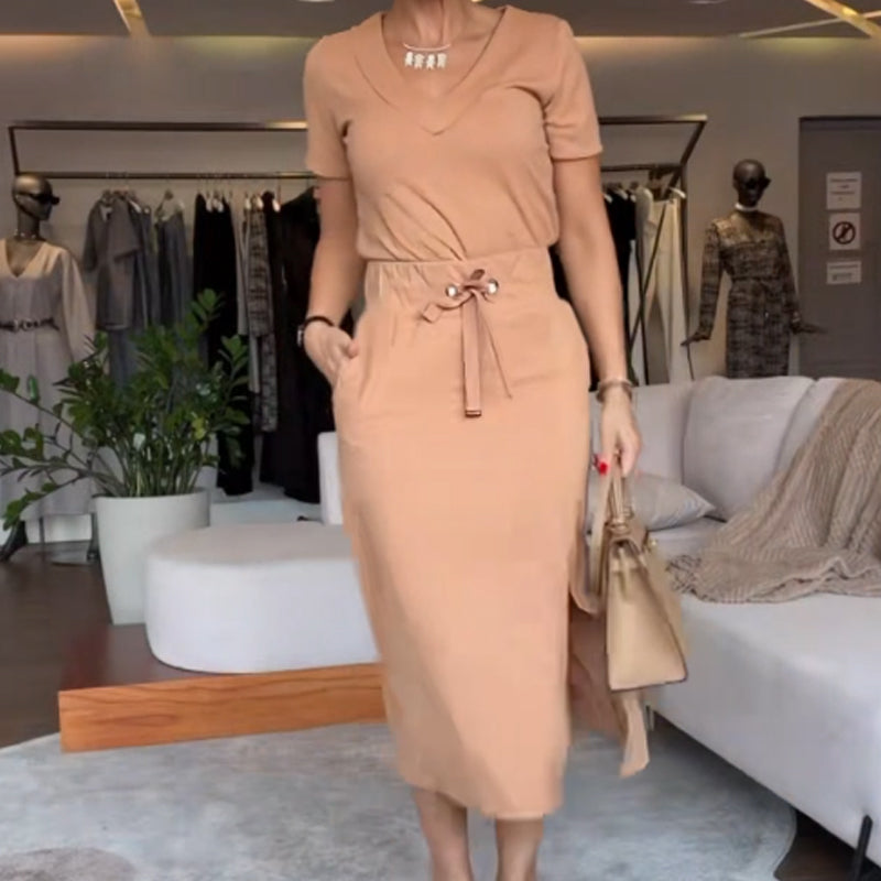 Women's V-Neck Top and Skirt Set