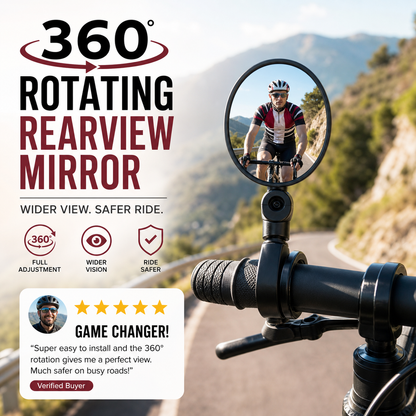 360° Rotating Rearview Mirror – Clear view behind, no more neck twisting. Fits bikes, e‑bikes & motorcycles. Tool‑free silicone strap!