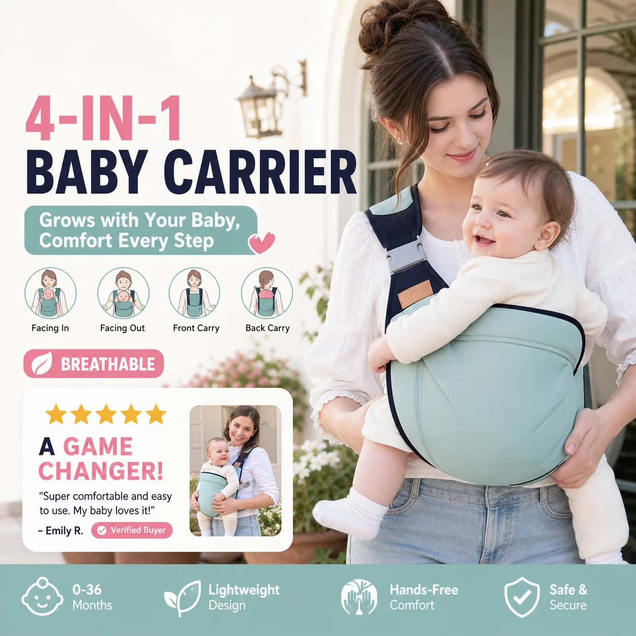 4-in-1 Breathable Baby Carrier – 0-36 Months, Front/Back/Facing In/Out – Hands-Free Comfort for Parent & Baby! ✨