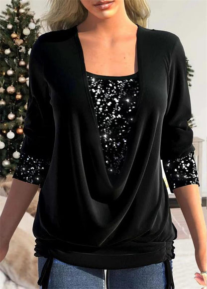 ✨👗Sequin Loose Smocked Fake Two-Piece Top Stylish and Versatile, Comfortable and Shapely, Exudes Elegant Feminine Charm!