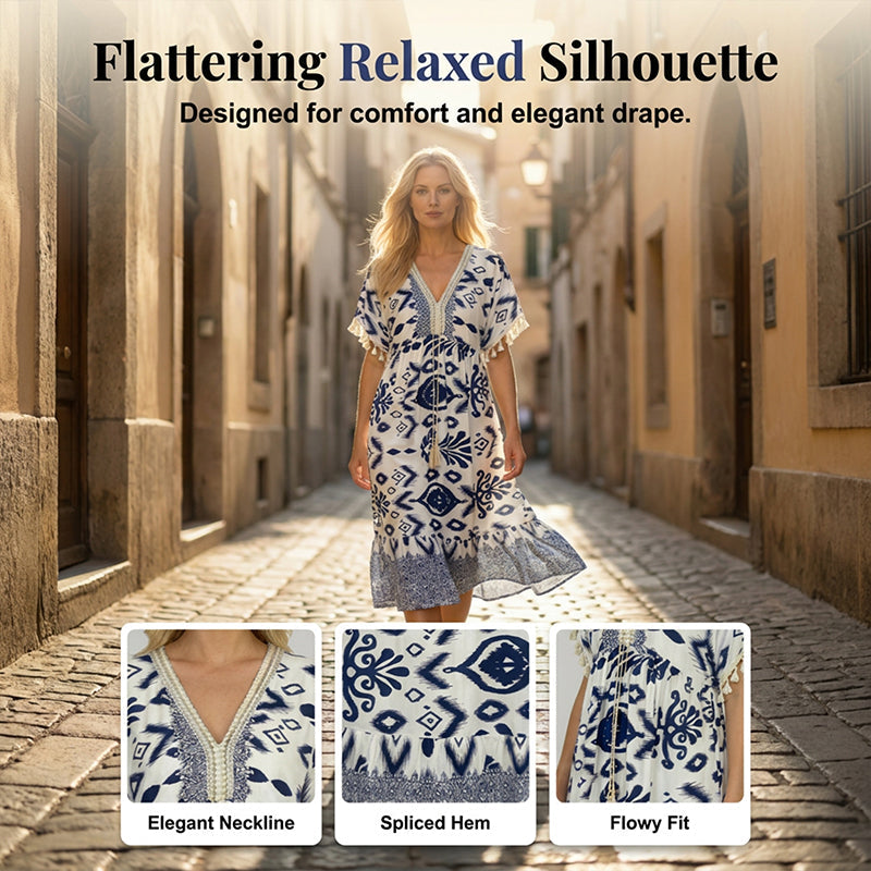 🌼Printed Casual Dress With V-Neckline and Fringes on the Short Sleeves