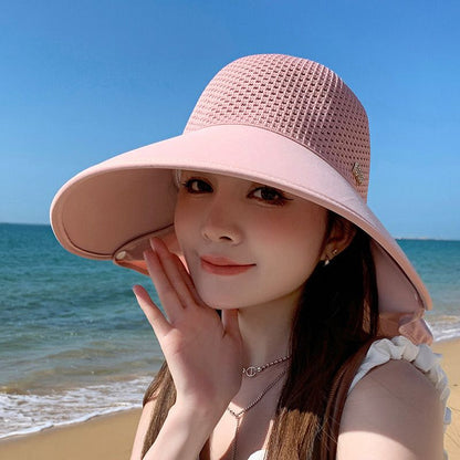 🌞2025 Summer New👒Large-brim Hollow Sunscreen Hat with Removable Neck Shawl