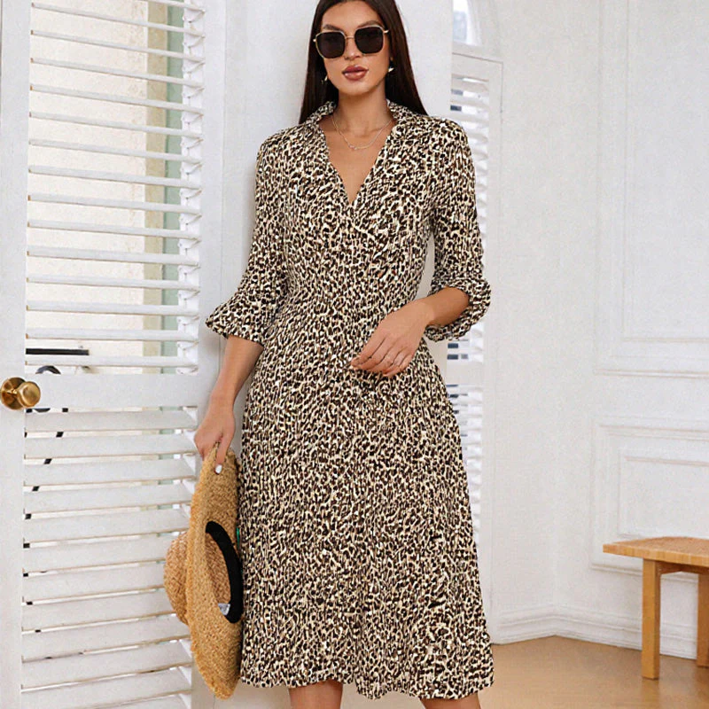 Women's Trendy Leopard Print V-Neck Loose Fit Dress