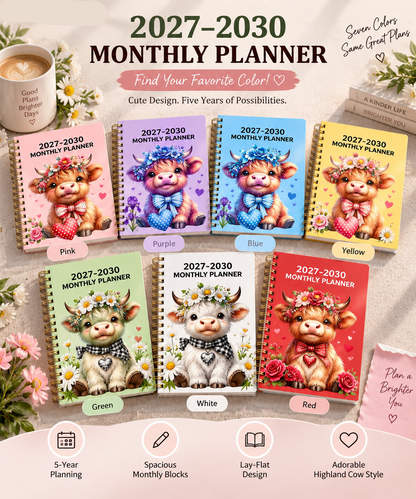🐮 2026–2030 Monthly Planner ✨ Cute Highland Cow 5-Year Calendar | Large Monthly Blocks for Long-Term Planning