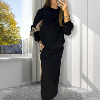 ✨Loose Colorblocking Long Sleeve Top & Split Skirt Set