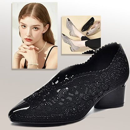 Hollow Mesh Rhinestone Chunky Heel Sandals