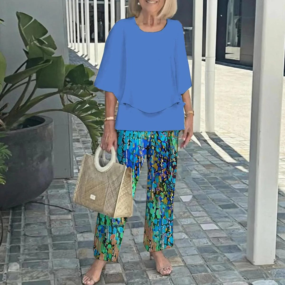 Women’s Casual Round Neck Half Sleeve Top Printed Pants Two Piece Set