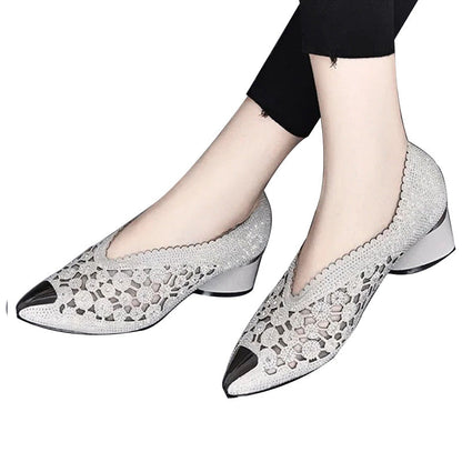 Hollow Mesh Rhinestone Chunky Heel Sandals