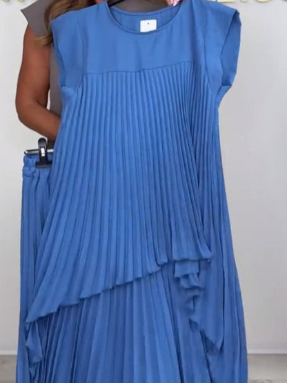 🔥Laney Pleated Short Sleeve Irregular Midi Top and Elastic Waist Wide Leg Pants Set