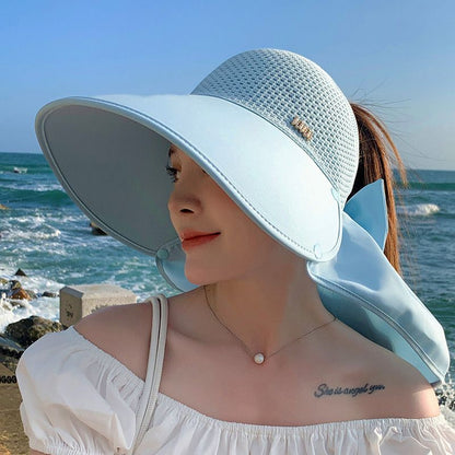 🌞2025 Summer New👒Large-brim Hollow Sunscreen Hat with Removable Neck Shawl