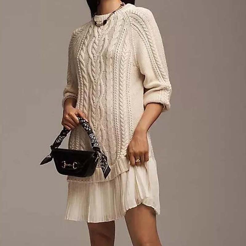 💗Women Crewneck Cable Knit Sweater Mini Dress