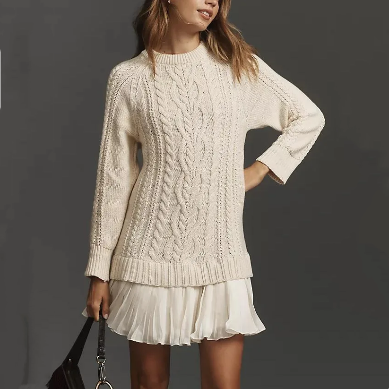 💗Women Crewneck Cable Knit Sweater Mini Dress