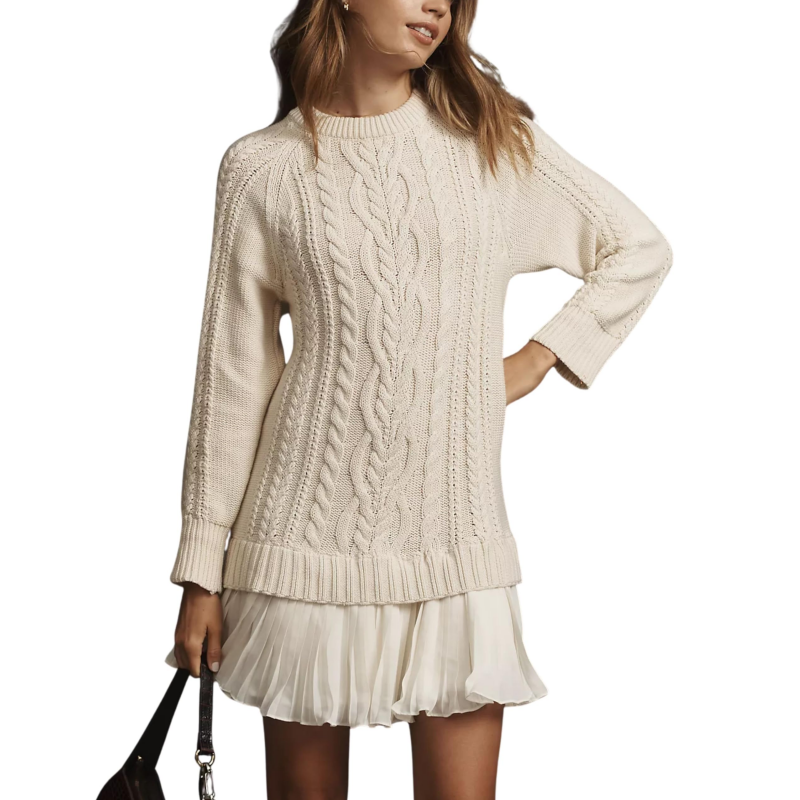 💗Women Crewneck Cable Knit Sweater Mini Dress