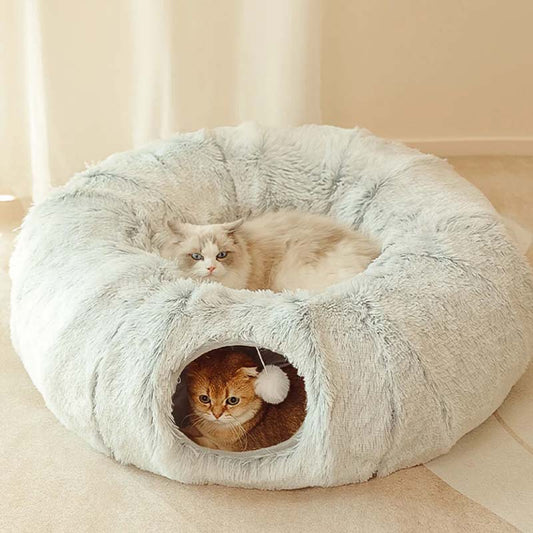 2-in-1 Foldable Indoor Soft Round Cat Tunnel Bed