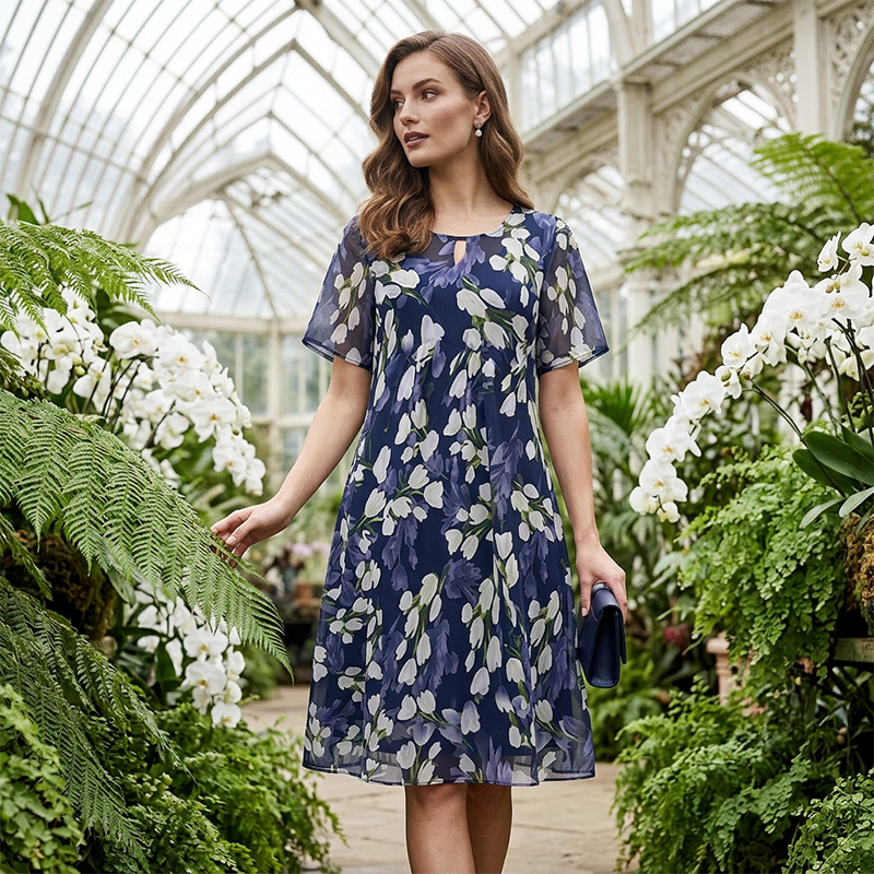🌸Women's Floral A-Line Party Dress – Double-Layer Chiffon, Elegant Print & Knee-Length Fit 👗