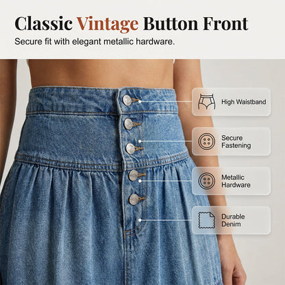 👗 Denim Maxi Skirt – High Waist, Tiered, A-Line, Button Front ✨