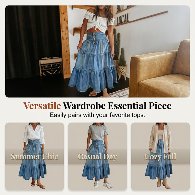 👗 Denim Maxi Skirt – High Waist, Tiered, A-Line, Button Front ✨