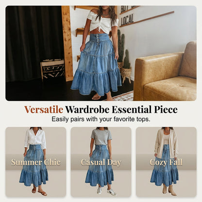 👗 Denim Maxi Skirt – High Waist, Tiered, A-Line, Button Front ✨
