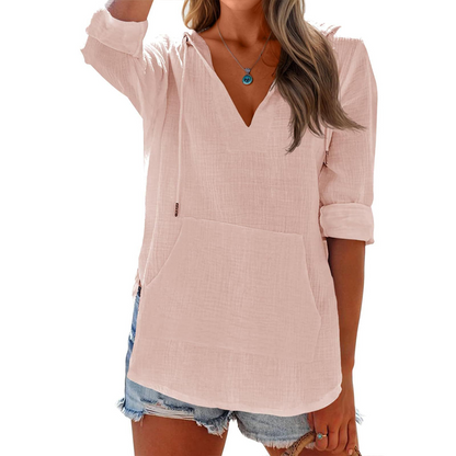Women's Solid V-Neck Long Sleeve Hooded Top with Pocket