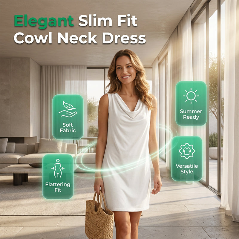 👗 Elegant Slim Fit Cowl Neck Dress – Sleeveless, Side Pockets, Versatile ✨