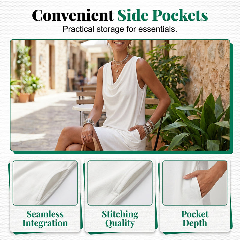👗 Elegant Slim Fit Cowl Neck Dress – Sleeveless, Side Pockets, Versatile ✨