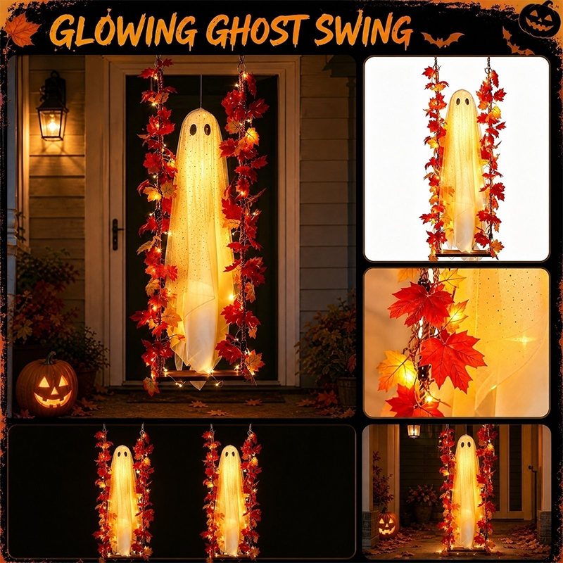 👻Hanging Halloween Ghost on Swing with Remote LED and Maple Leaves