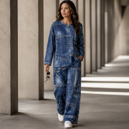 🎨 Denim Look, Lighter Feel | Women's Patchwork Wide-Leg 2-Piece Set