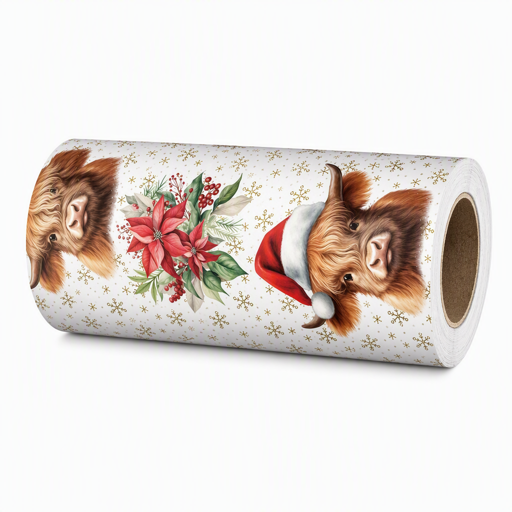🎄🐮 Reversible Christmas Highland Cow Gift Wrapping Paper Roll – Thick Tear‑Resistant Craft Paper, 2 Festive Designs in 1 Roll (43cm×5m) 🎁