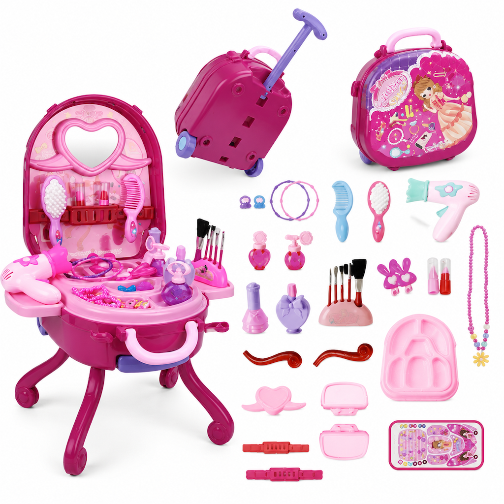 👑 ✨ 3-in-1 Princess Vanity Suitcase — 30 Makeup Toys & Rolling Trolley 🧳