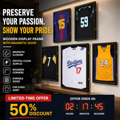 🧥Wooden Memorial Jersey Display Frame (Magnetic Door) – Keep Your Sweat & Love In Perfect Condition!